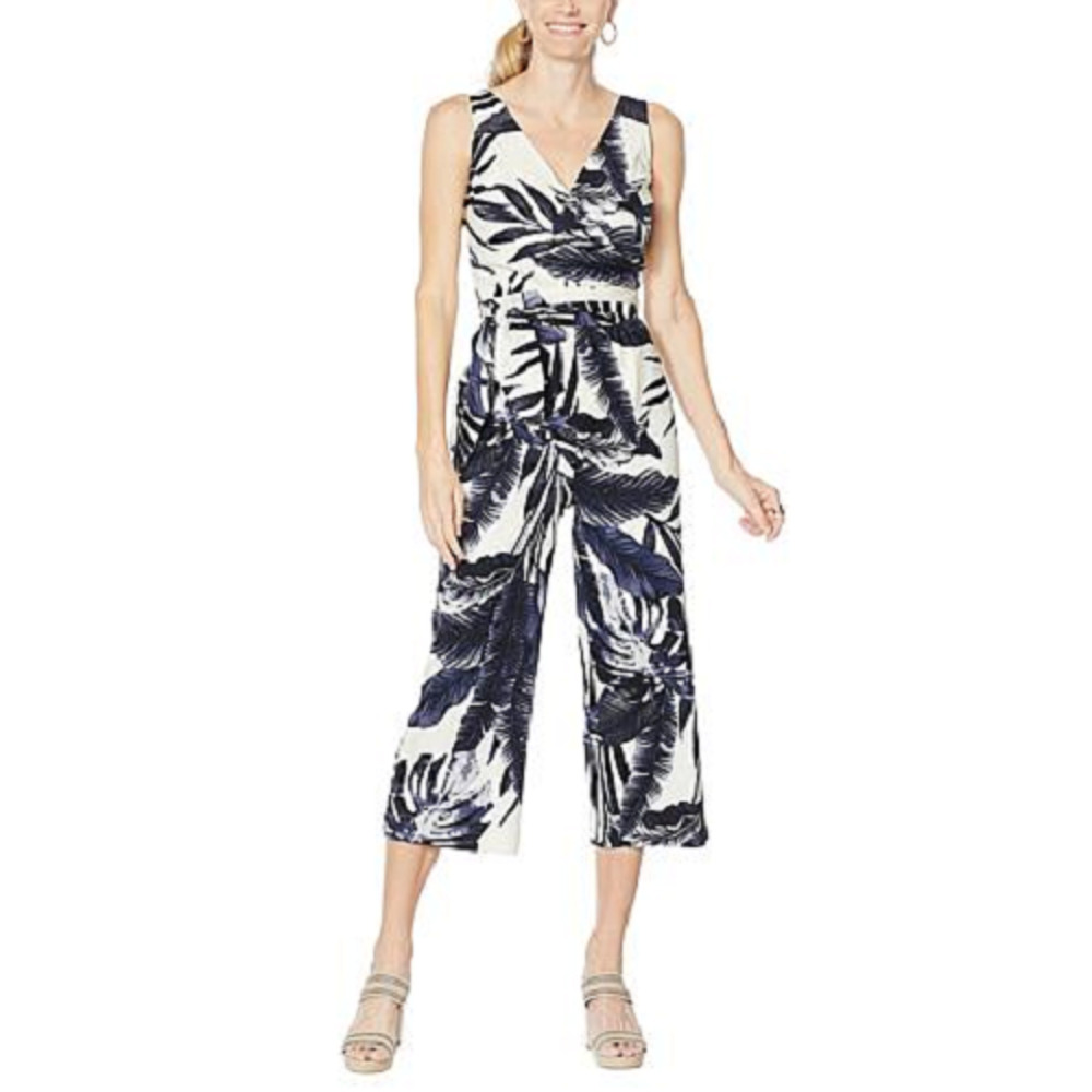 Vanessa Williams Palm-Printed Wrap Jumpsuit Indigo 10 NEW